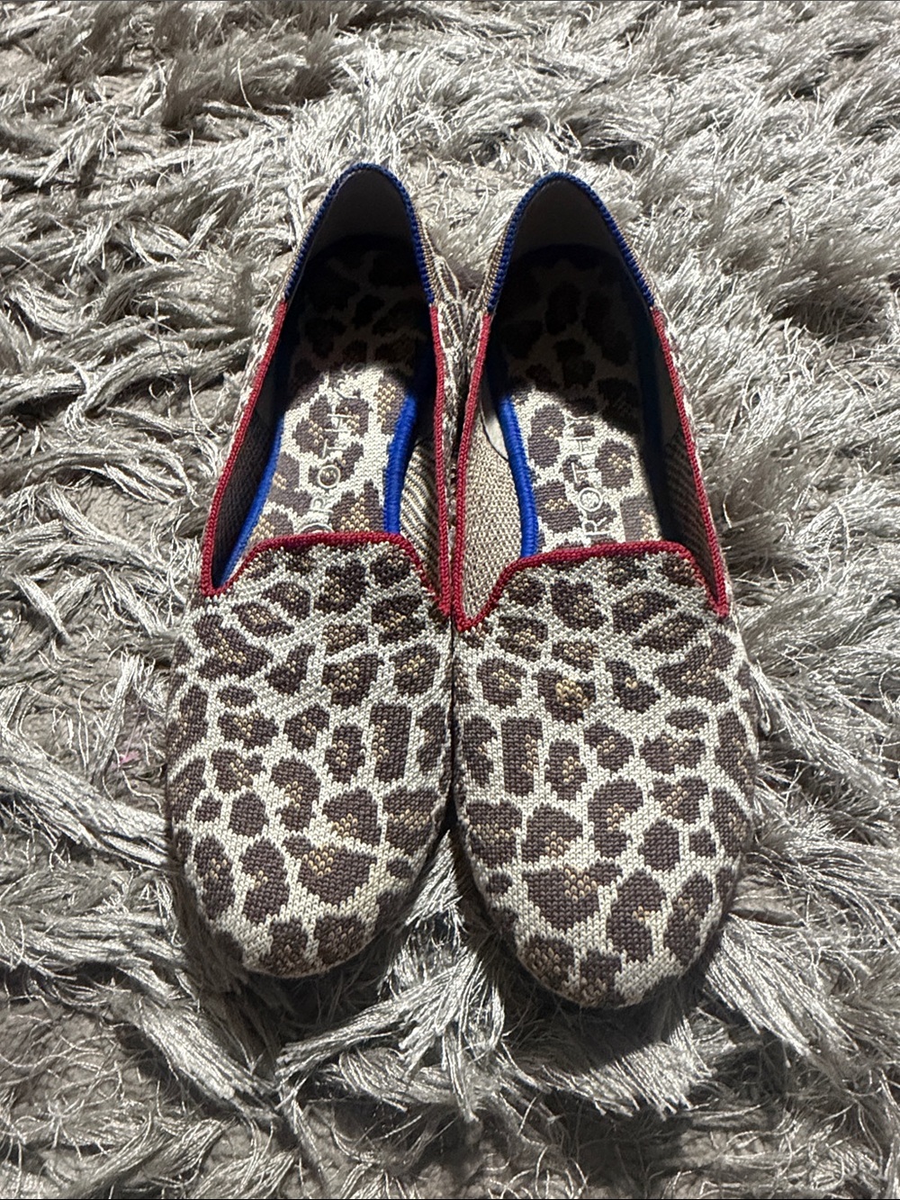 Rothy's Leopard-Print Slip-On Flats with Red Trim and Blue Lining